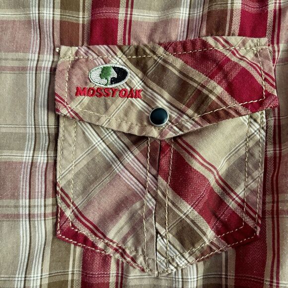 Mossy Oak Shirt Men's Size Large Red Brown Plaid Western Pearl Snaps Cowboy Hunt - Picture 3 of 8